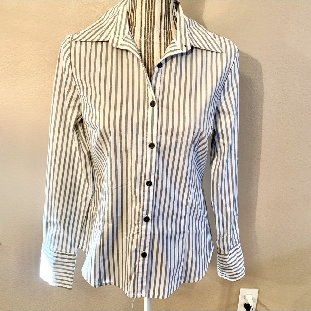 NWT Blouse Small Attention White Button-Up Black Metallic Stripes Cotton Spandex